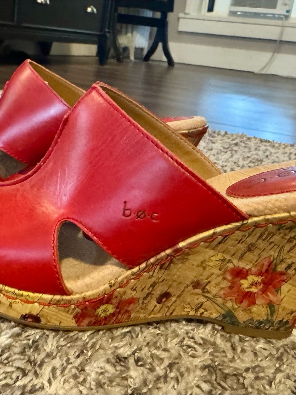boc Red Leather Floral Cork Wedge Sandals brunch NYC summer BOC